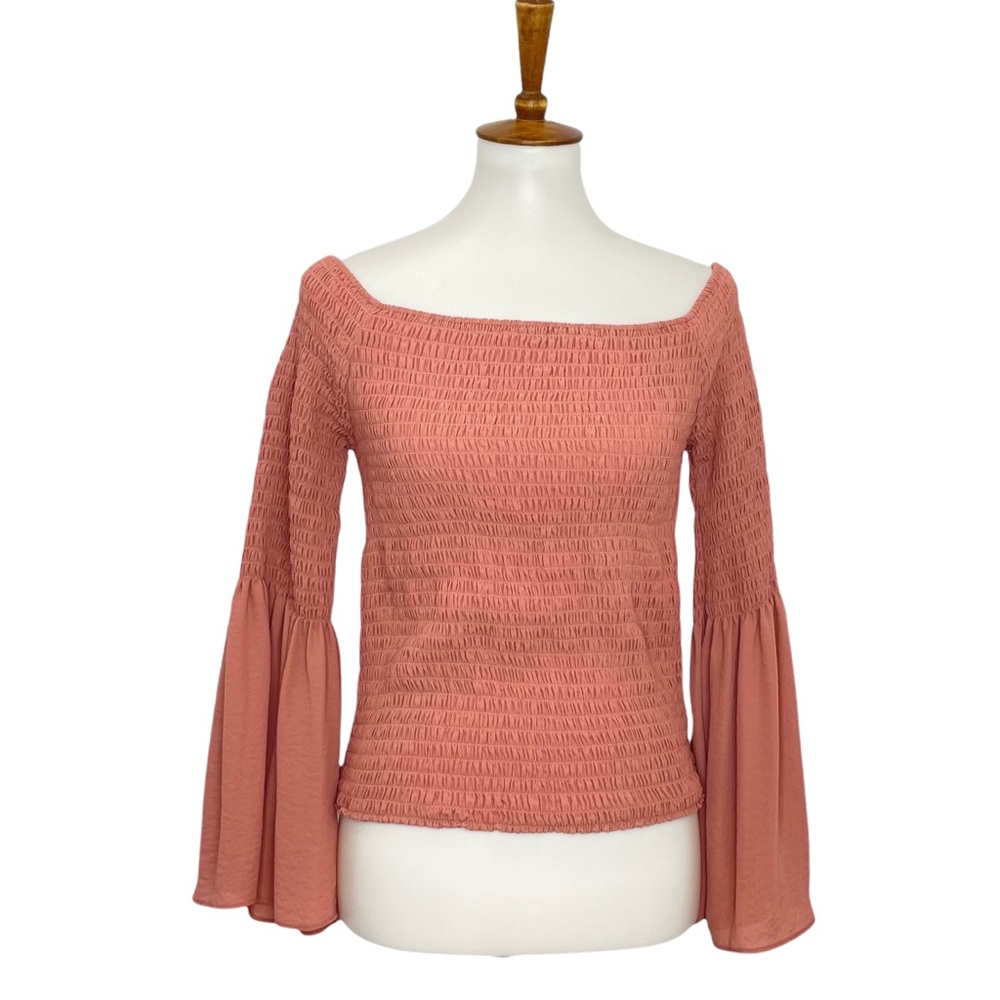 Express Smocked Crop Top with Long Bell Sleeves Orange Pink Size Large